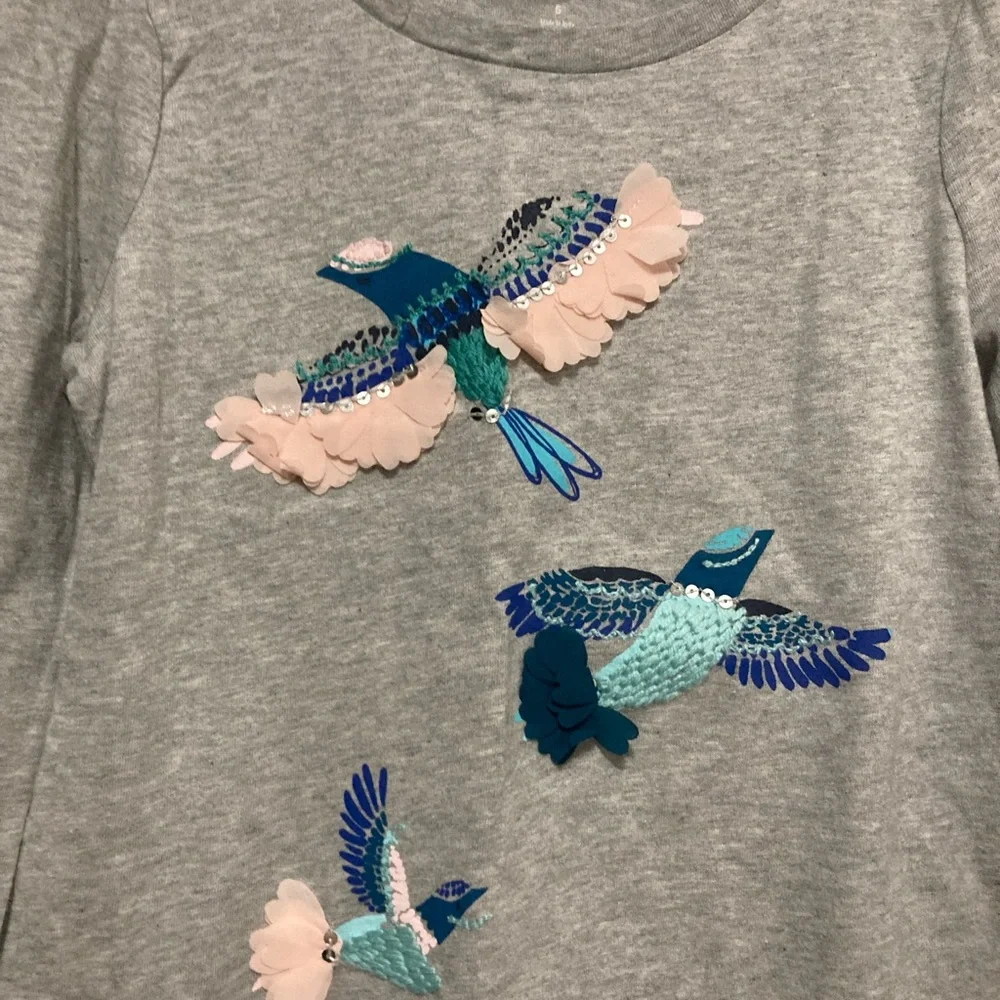 *Gymboree New Gray 3D Embroidered Birds Long Sleeve Kids-Size 5 Shirt #U